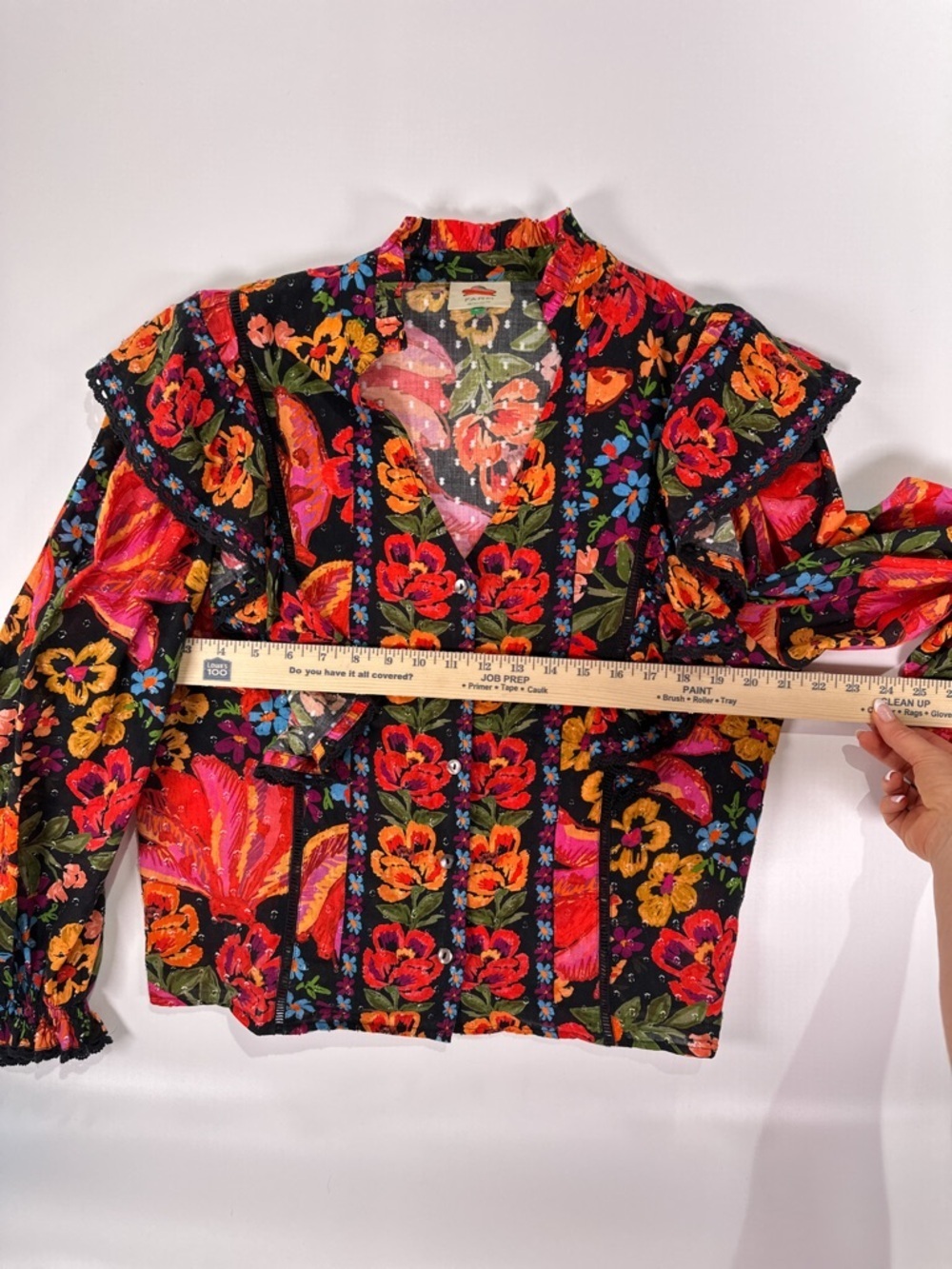 FARM Rio NWOT Black Floral Ruffle Swiss Dot Cotton Blouse Large - Picture 12 of 13